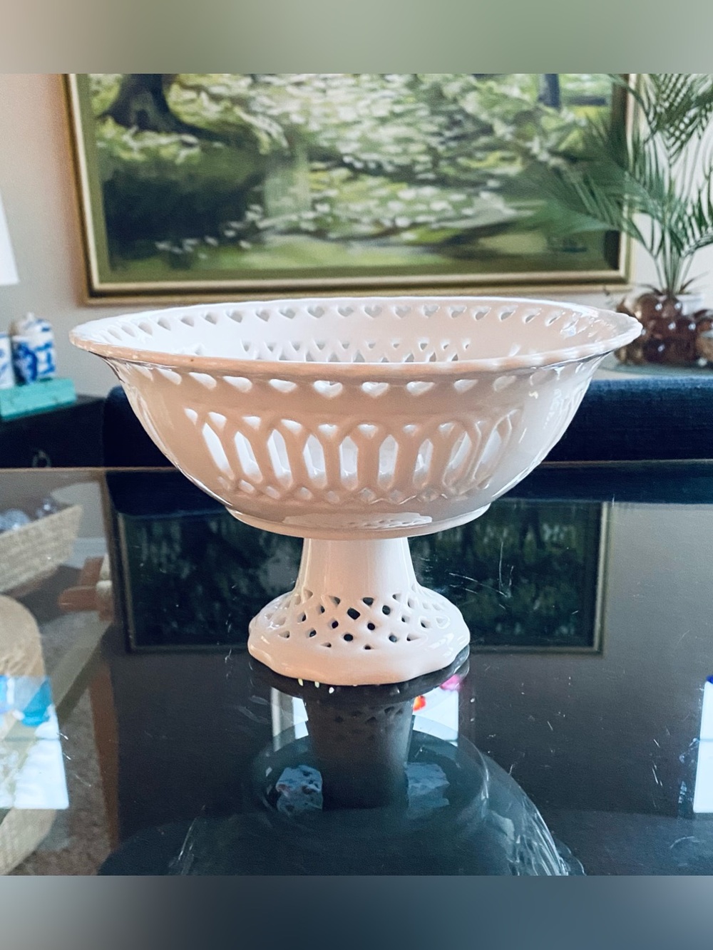 Vintage White Ceramic Reticulated Pedestal Compote Bowl Pierced Lattice Hearts